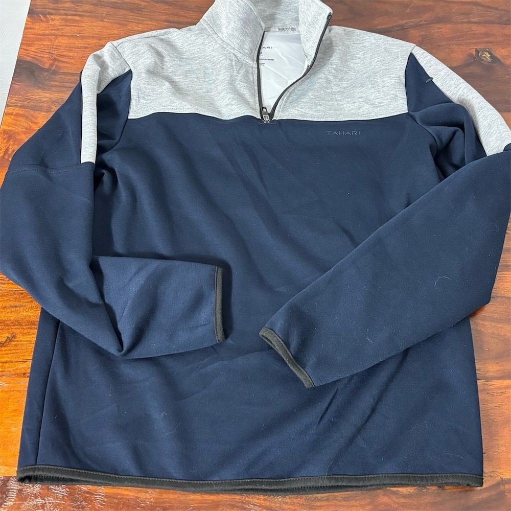 Tahari‎ Mens Quarter Zip Pullover Navy Grey Colorblock Stretch Sweater Size M